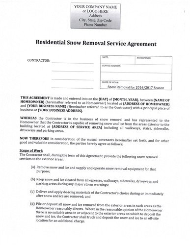 Snow Plow Seasonal Rate Residential Agreement $12 99
