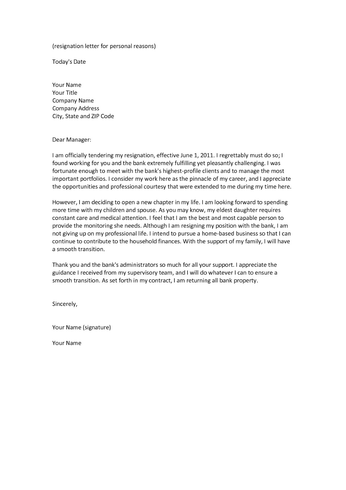 Resignation Letter Format For Personal Reason Document Blogs