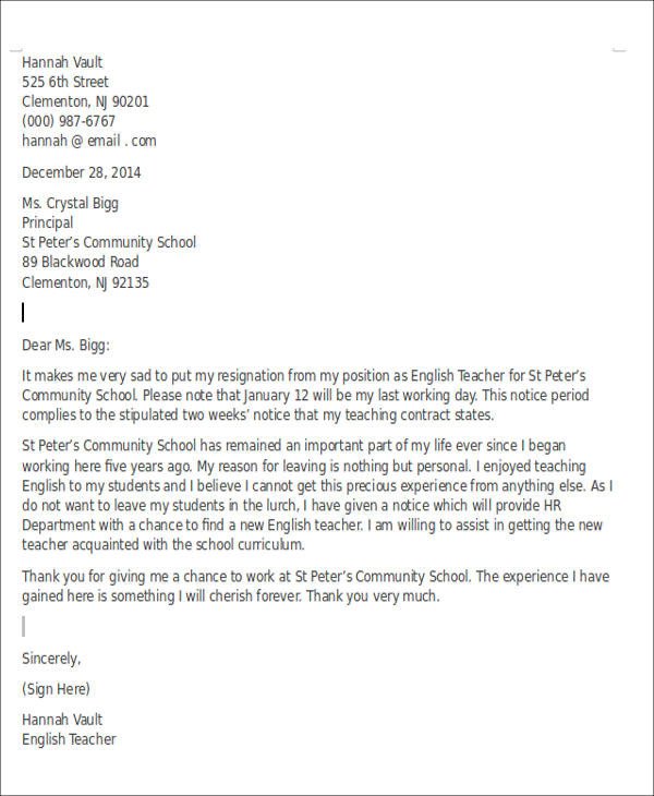 Resignation Letter Format In English For Personal Reason