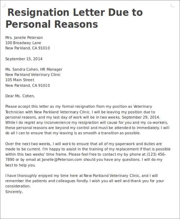 7 Personal Reasons Resignation Letters Free Sample