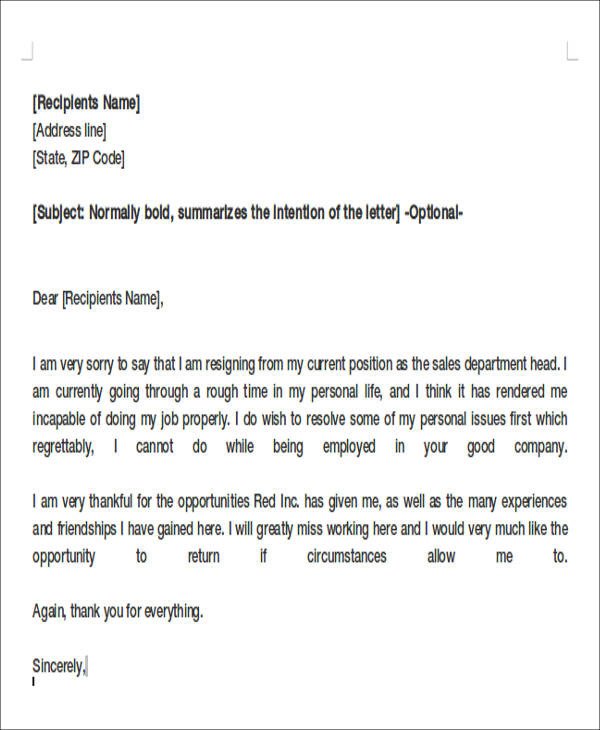 8 Sample Resignation Letters for Personal Reasons DOC PDF
