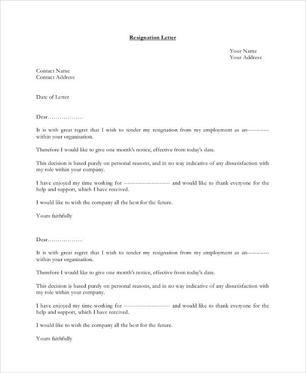 Resignation Letter Example 8 Samples in PDF Word