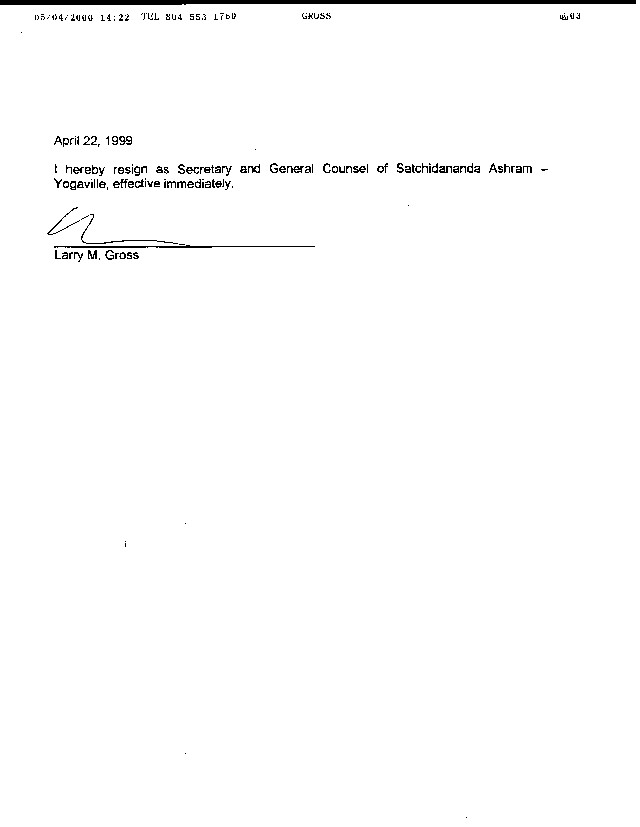 Larry Gross Letter of Resignation