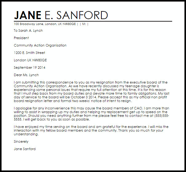Non Profit Board Resignation Letter Example