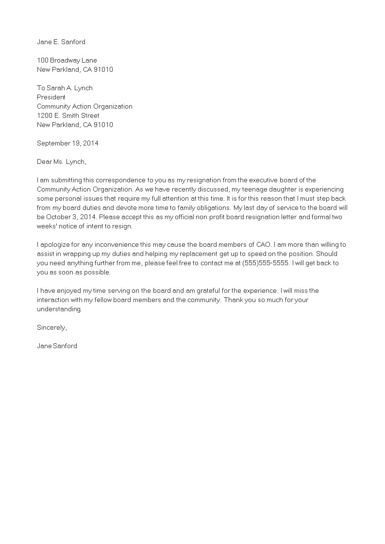 Volunteer Organization Resignation Letter