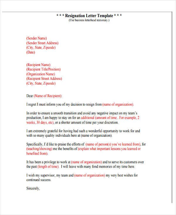 4 Resignation Letter with Regret Template 5 Free Word