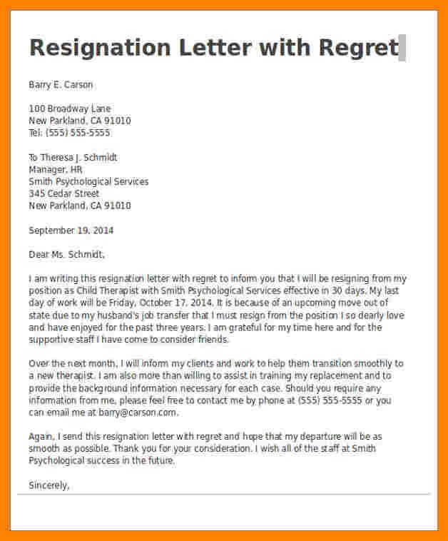 9 resignation letter with regrets