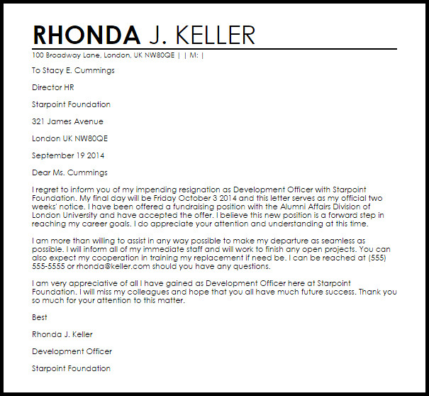 Appreciative Resignation Letter Example