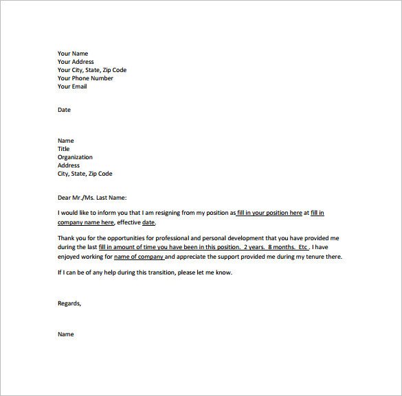 Professional Resignation Letter Templates 12 Free Word