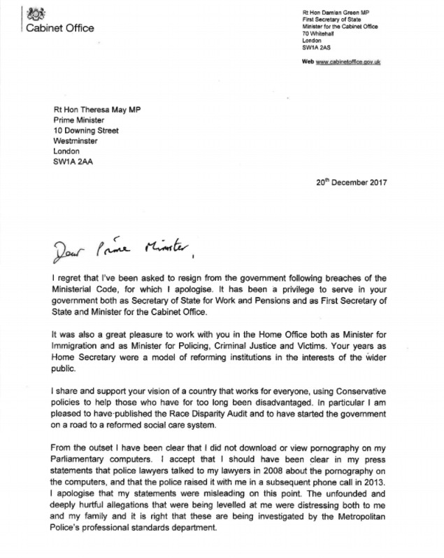 "I regret that I ve been asked to resign" Green s letter
