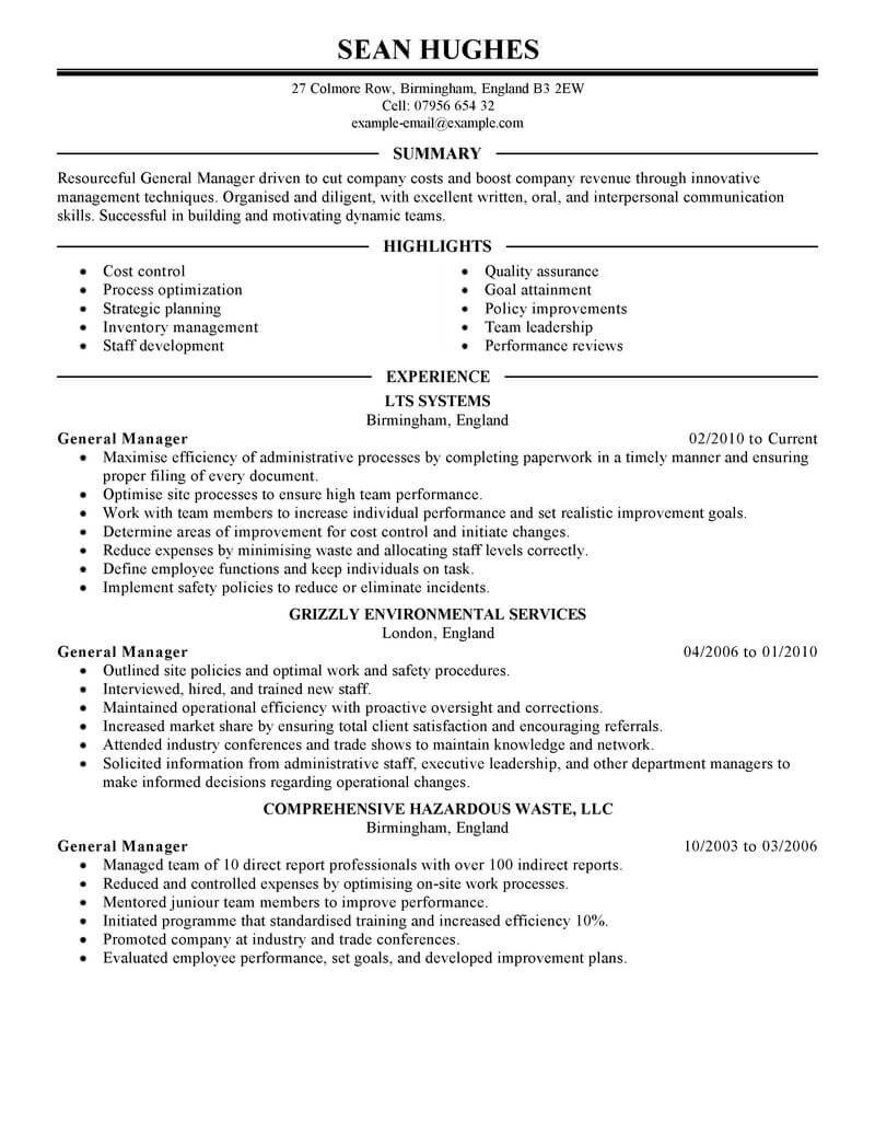 Best General Manager Resume Example