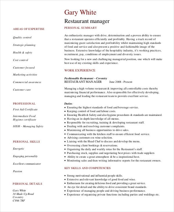 Restaurant Manager Resume Template 6 Free Word PDF