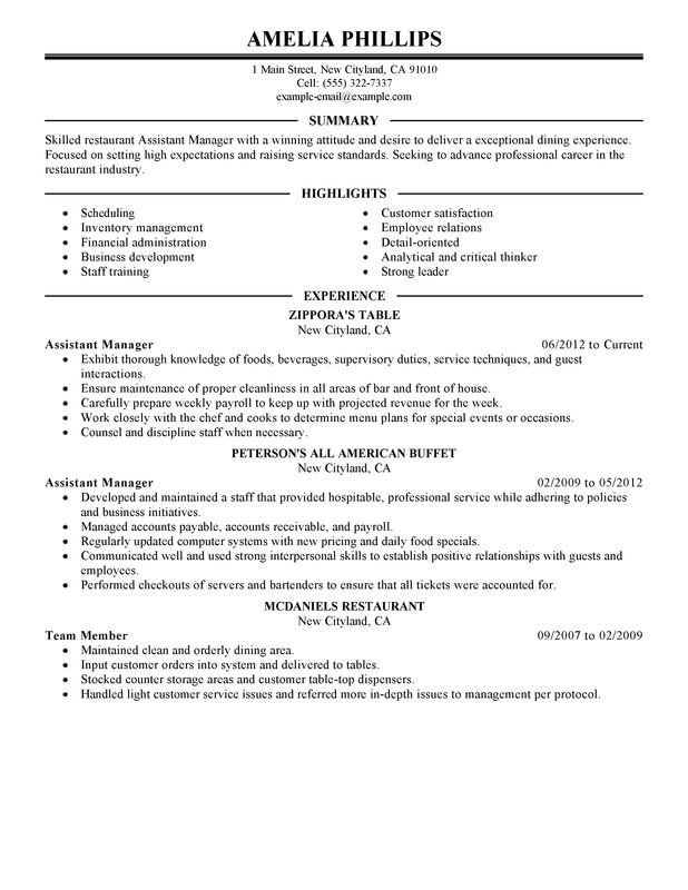 Unfor table Assistant Restaurant Manager Resume Examples