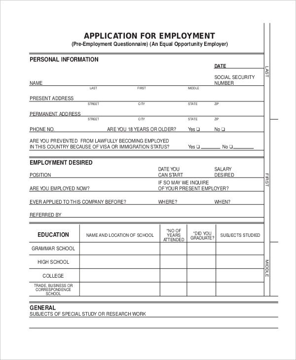 Sample Restaurant Application Form 8 Free Documents in PDF