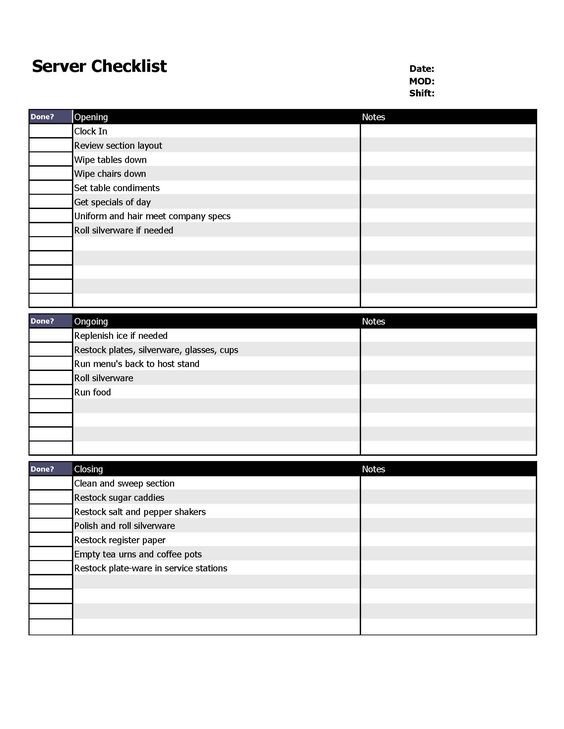 Restaurant server checklist form Organizing