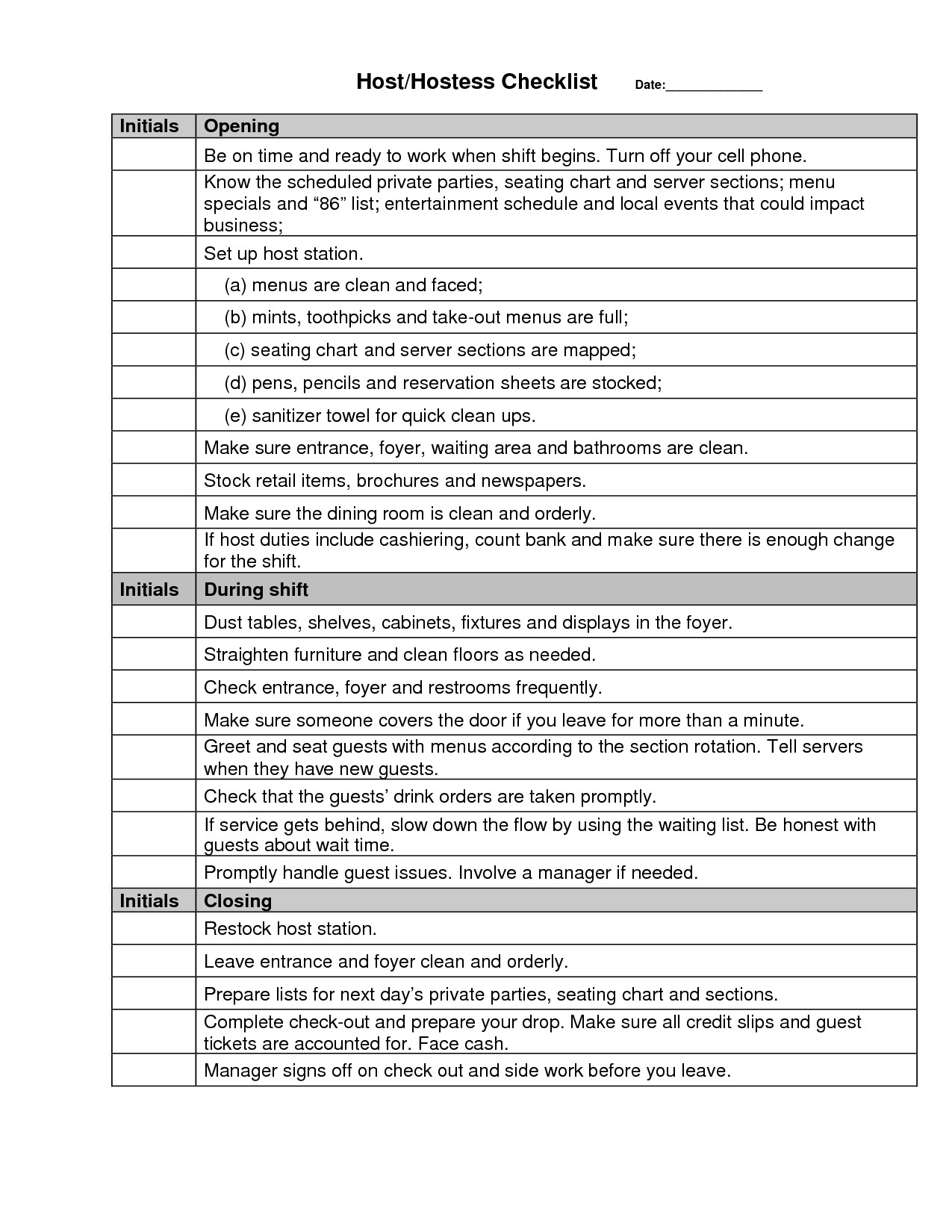 restaurant server side work checklist template Jennies