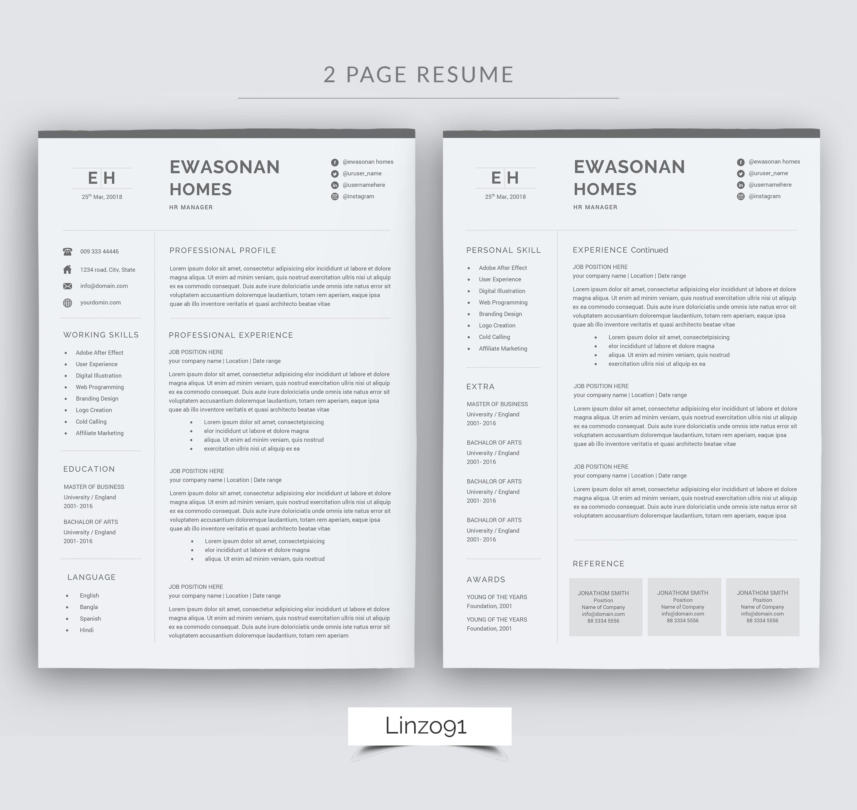 Minimal resume 3 pages CV template for word Two page