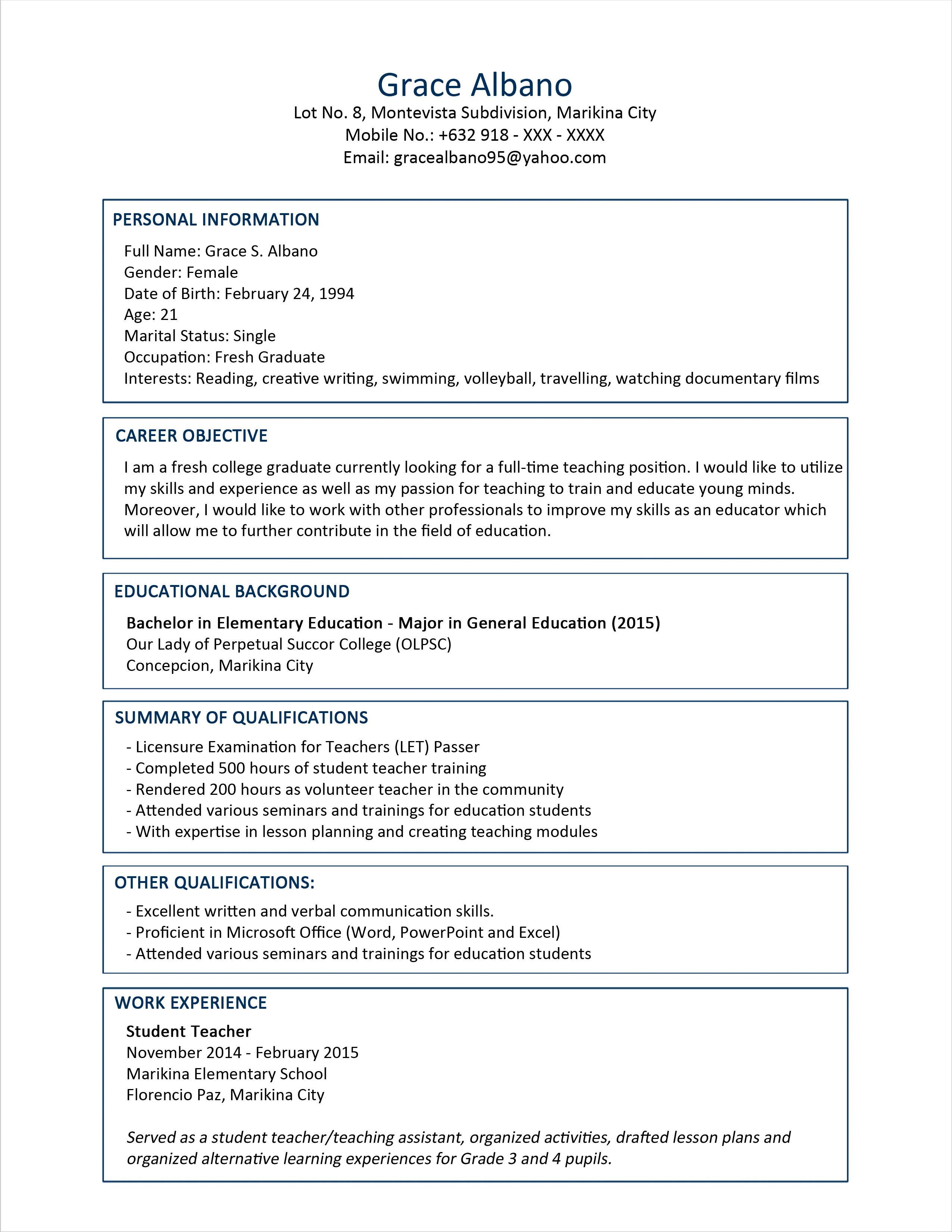 Sample Resume Format for Fresh Graduates Two Page Format