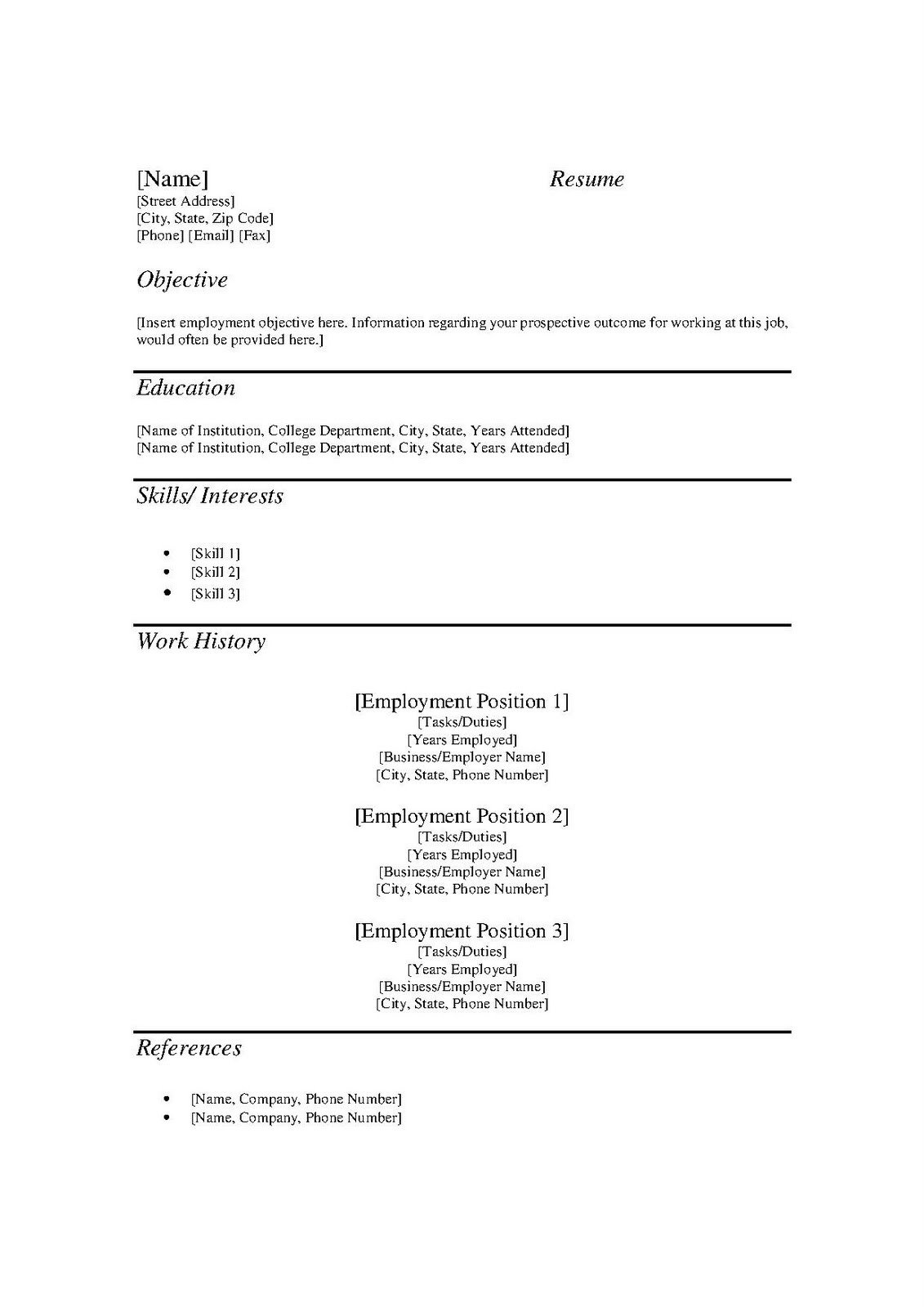 Free Printable Templates Free Resume Template Form