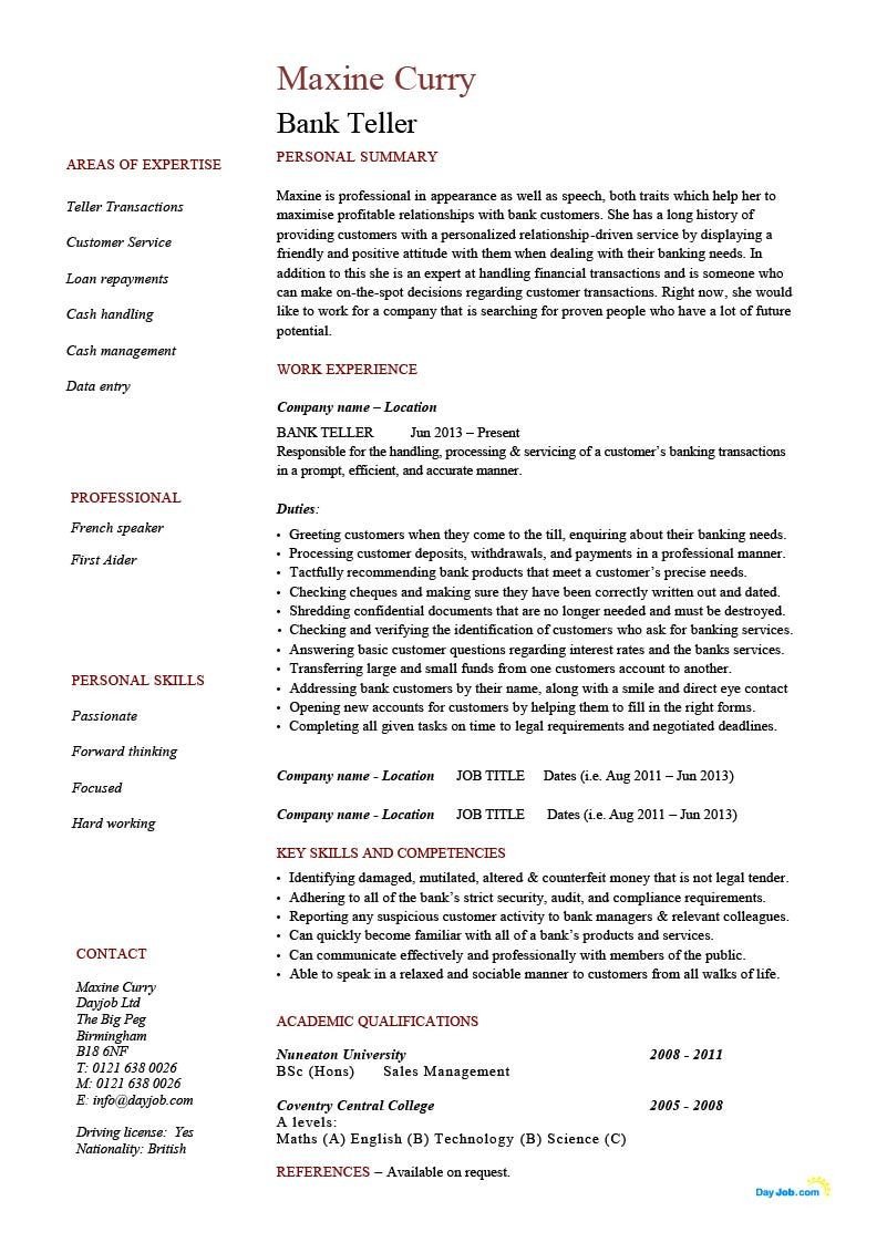 Bank Teller resume example CV template entry level