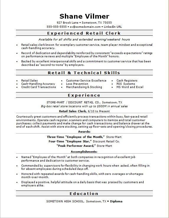 Retail Sales Clerk Resume Sample