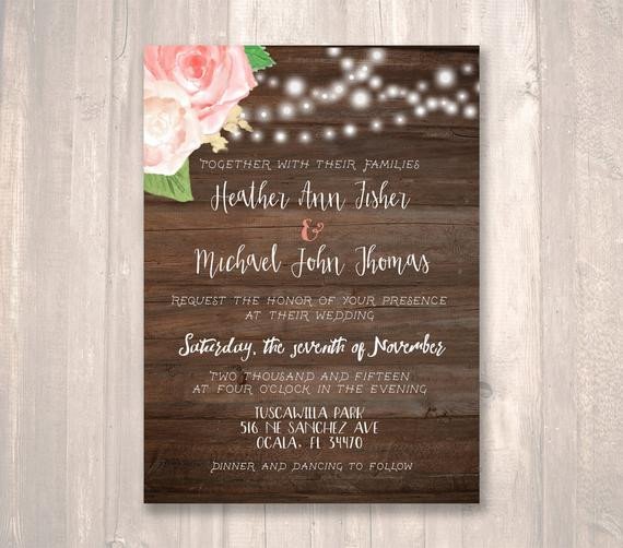 Rustic Wedding Invitation Roses Rustic Wood Background by
