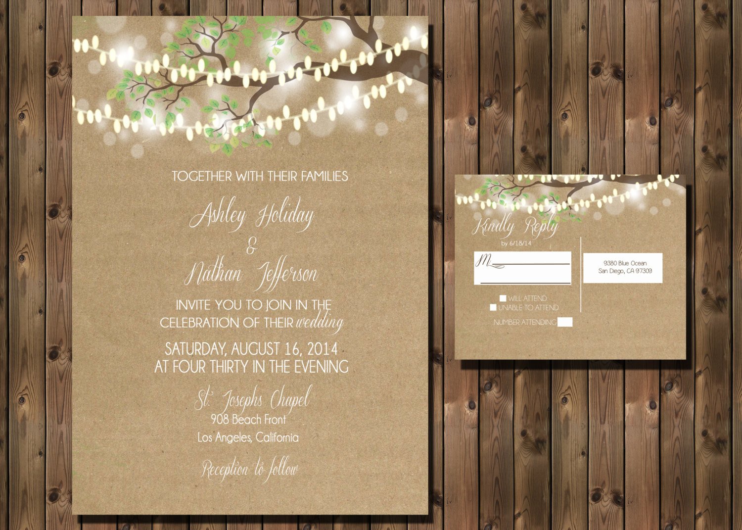 Rustic Wedding Invitation with Lights in Tree on Kraft