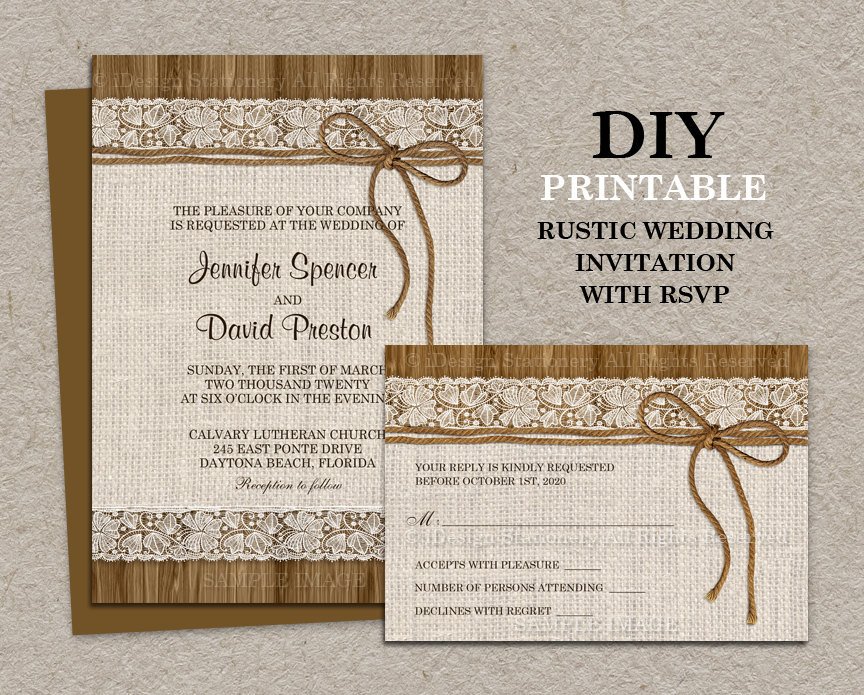 Rustic Wedding Invitation With RSVP Card Printable Burlap