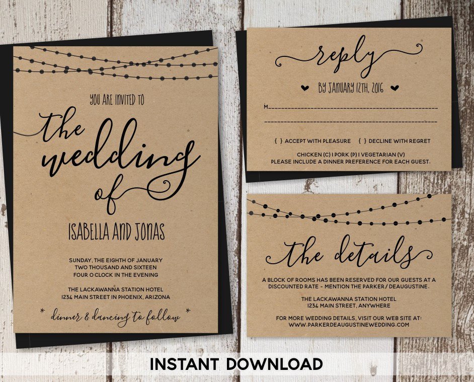 Wedding Invitation Template Rustic Printable Set String