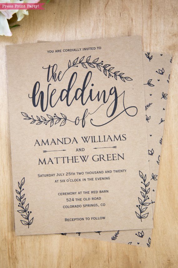 Rustic Wedding Invitation Printable Leaf Design & Decor