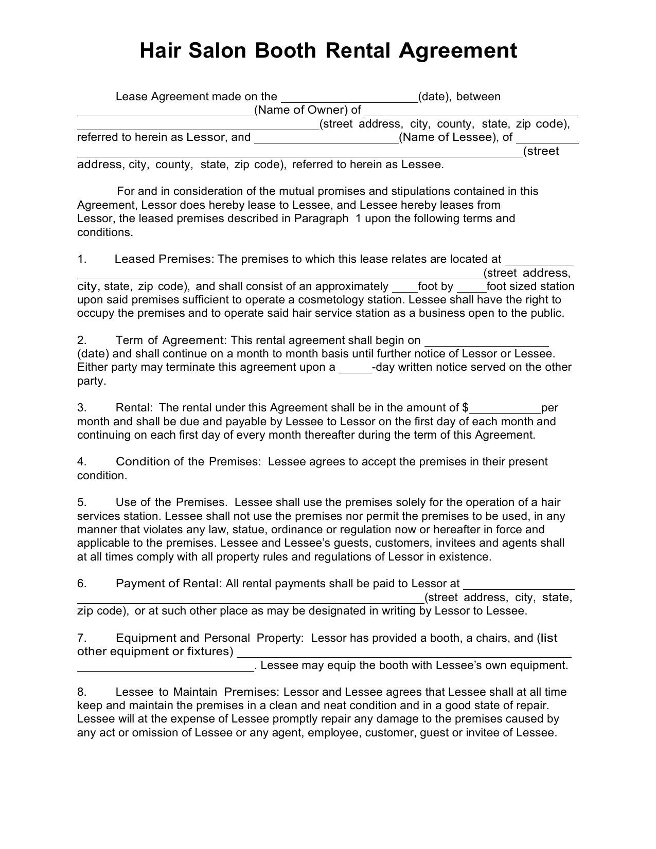 Download Salon Booth Rental Lease Agreement Template