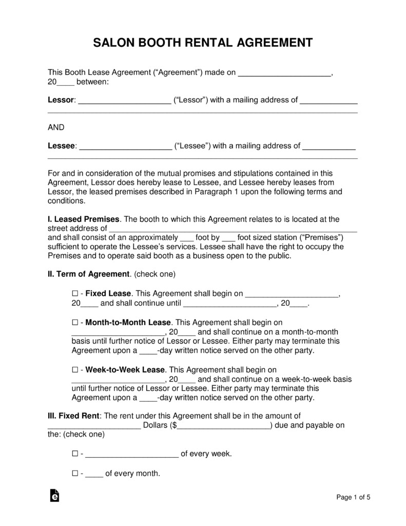 Free Booth Salon Rental Lease Agreement PDF