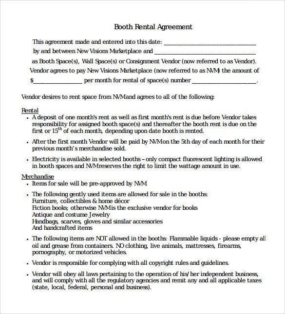 Sample Booth Rental Agreement 8 Documents in PDF Word