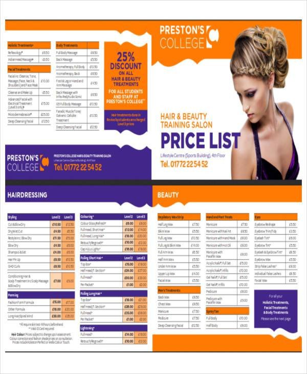 Salon Price List Sample 9 Examples in Word PDF