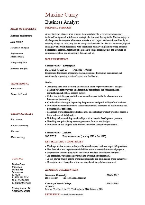 Business analyst resume example sample professional