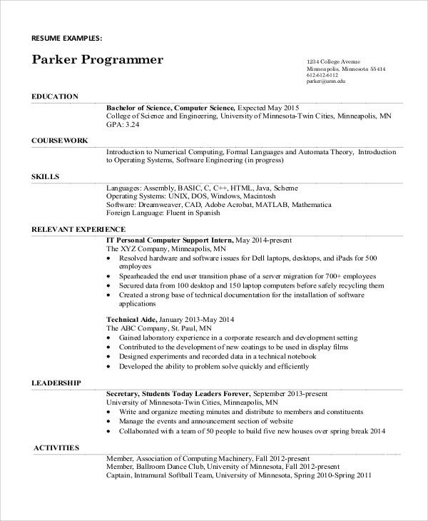 Sample puter Science Resume 8 Examples in Word PDF