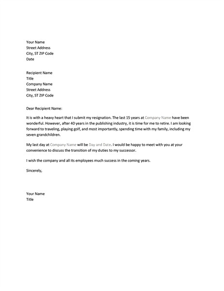 Resignation letter due to retirement