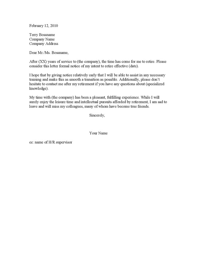 Retirement Resignation Letter