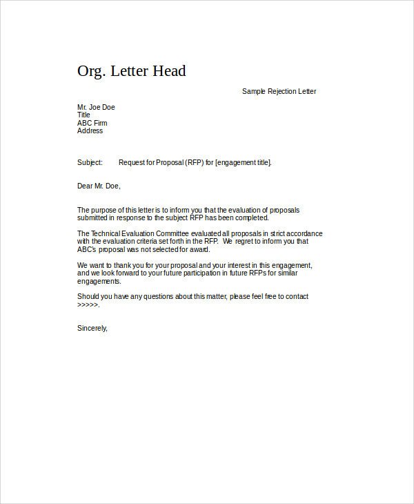 Sample Proposal Rejection Letter 6 Examples in Word PDF