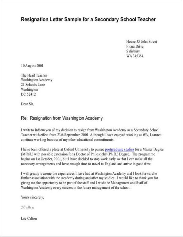 11 Teacher Resignation Letter Samples and Templates PDF