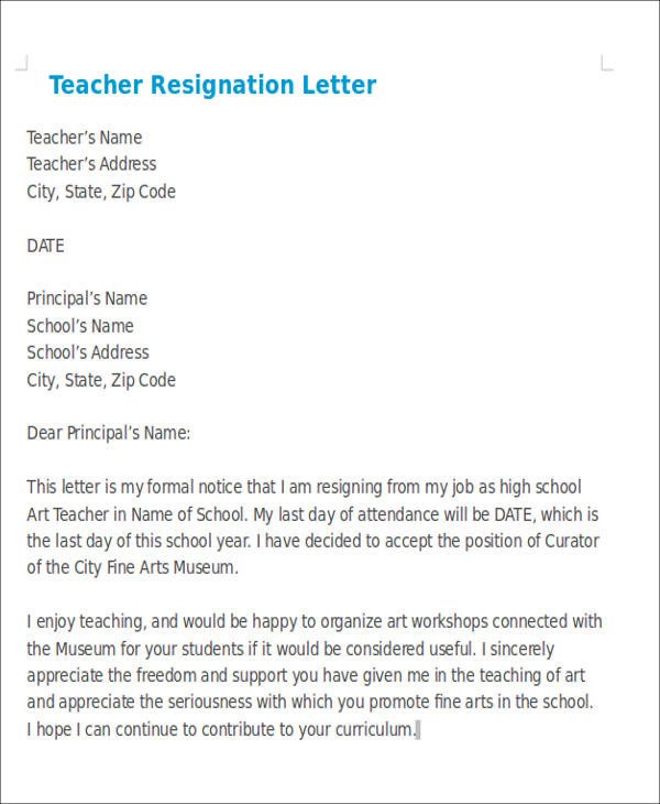 7 Sample Teaching Resignation Letters Free Sample