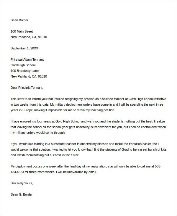 Teacher Resignation Letter template