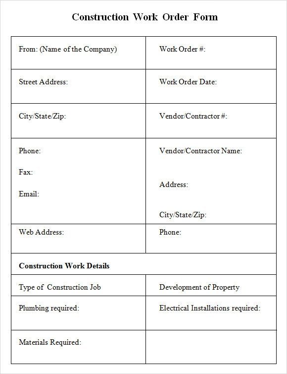 6 Sample Construction Work Order Forms PDF