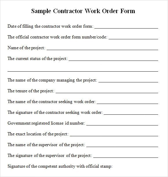 Contractor Work Order Form Free Download for PDF