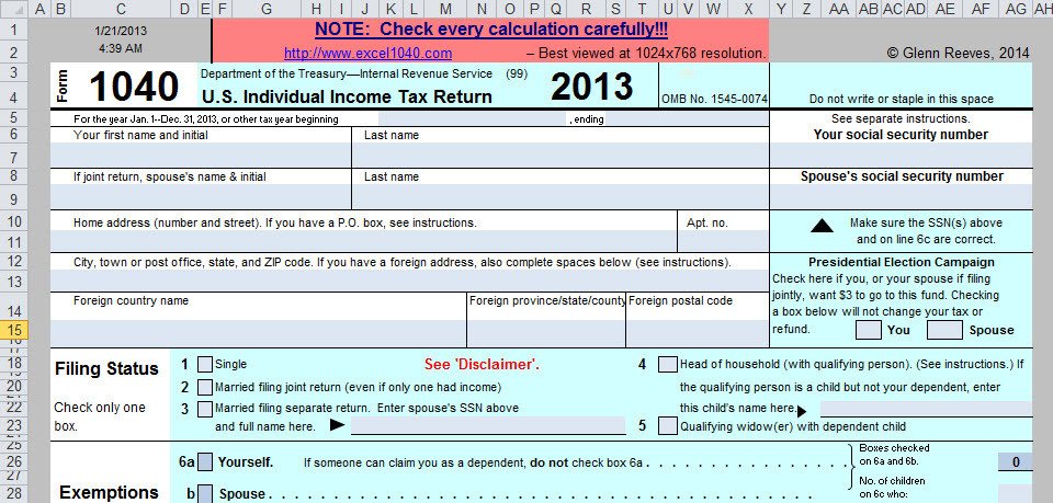 Spreadsheet Based Form 1040 Available at No Cost for 2013