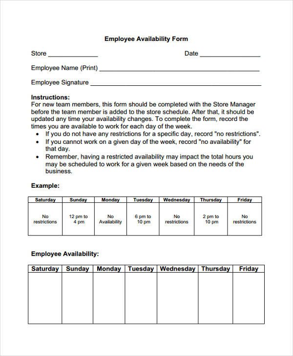 14 Employee Availability Forms