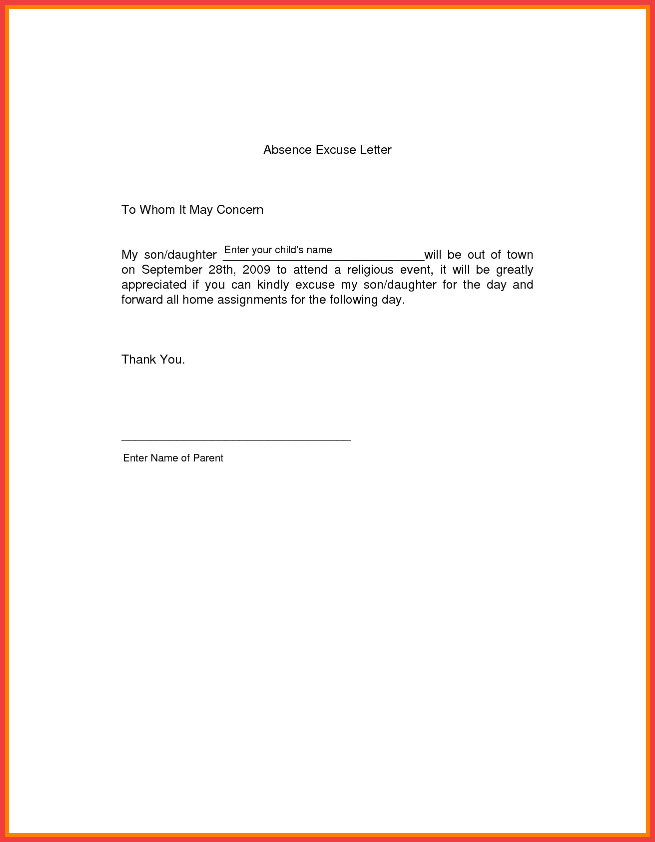 school excuse letter sample