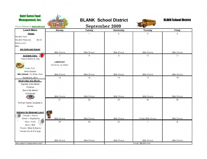 Free Printable School Menu Calendar Menu Templates