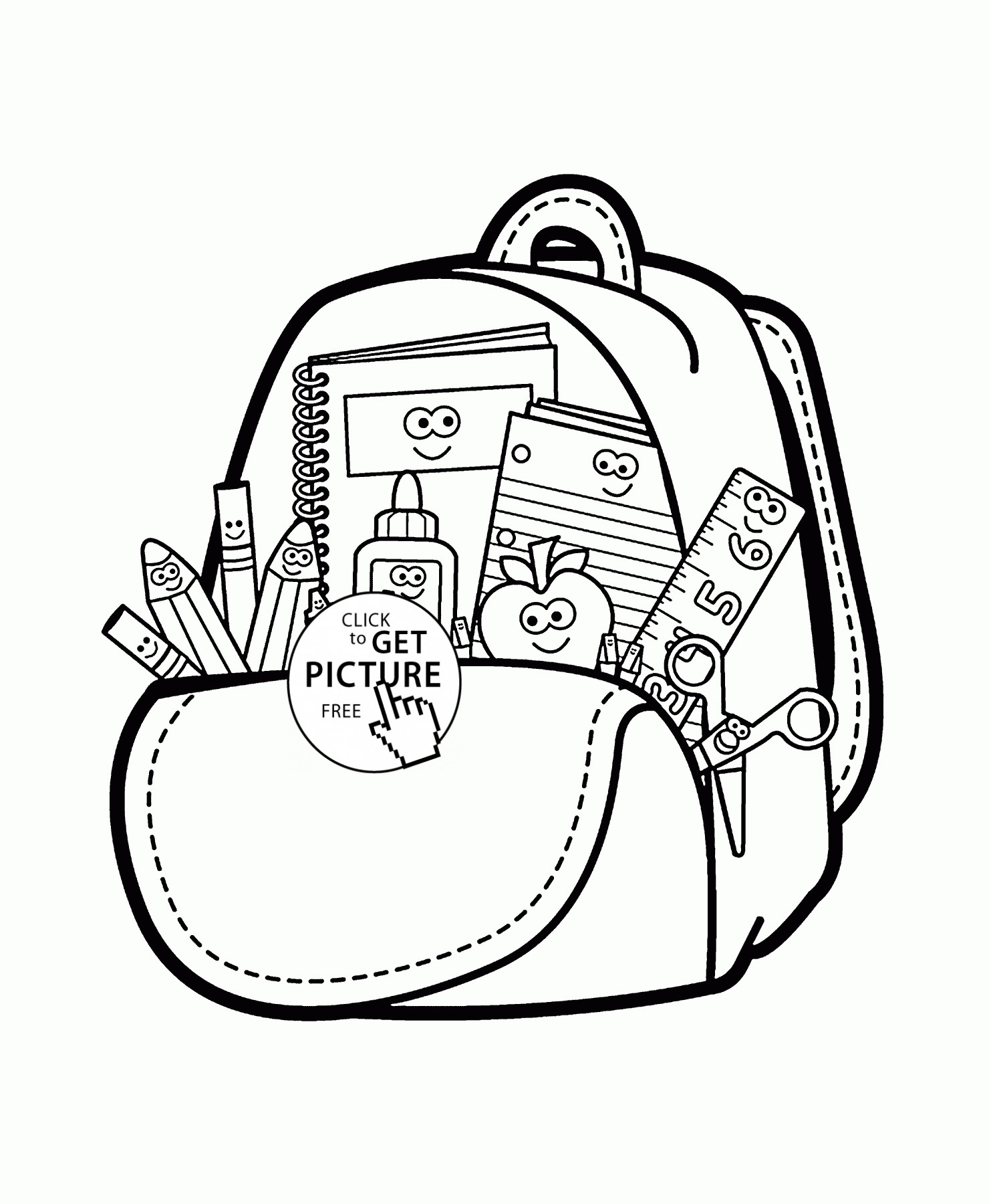 Cartoon School Supplies coloring page for kids back to