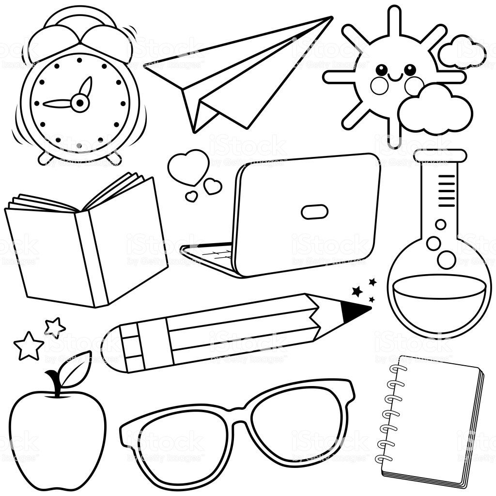 School Supplies Black And White Coloring Book Page Stock